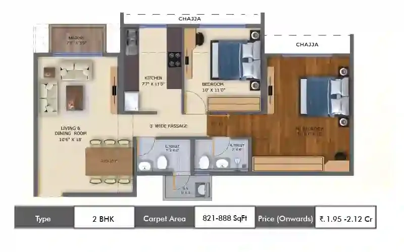 Moraj Silent Valley 2 BHK floor plan, 821 sq ft carpet area