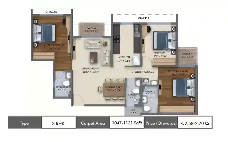 Moraj Silent Valley 3 BHK floor plan, 1047 sq ft carpet area